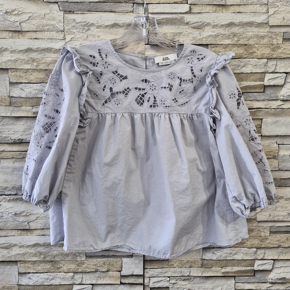 ​Love Bonito Blouse Womens L Gray Eyelet Ruffle Embroidered Cotton Cottagecore